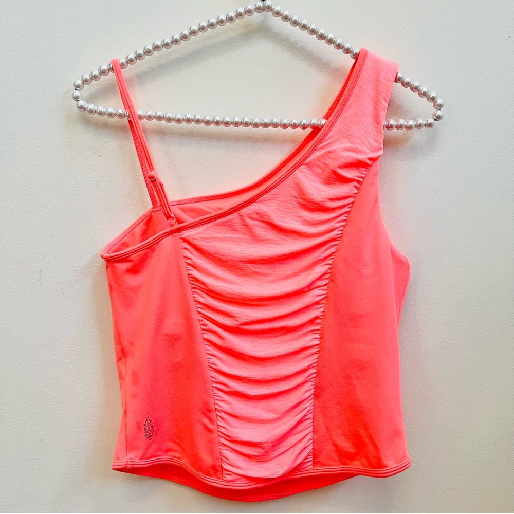 Free People Cinched in Cami One Shoulder Ruched Neon Coral Just Peachy Tank NWT - Picture 7 of 8